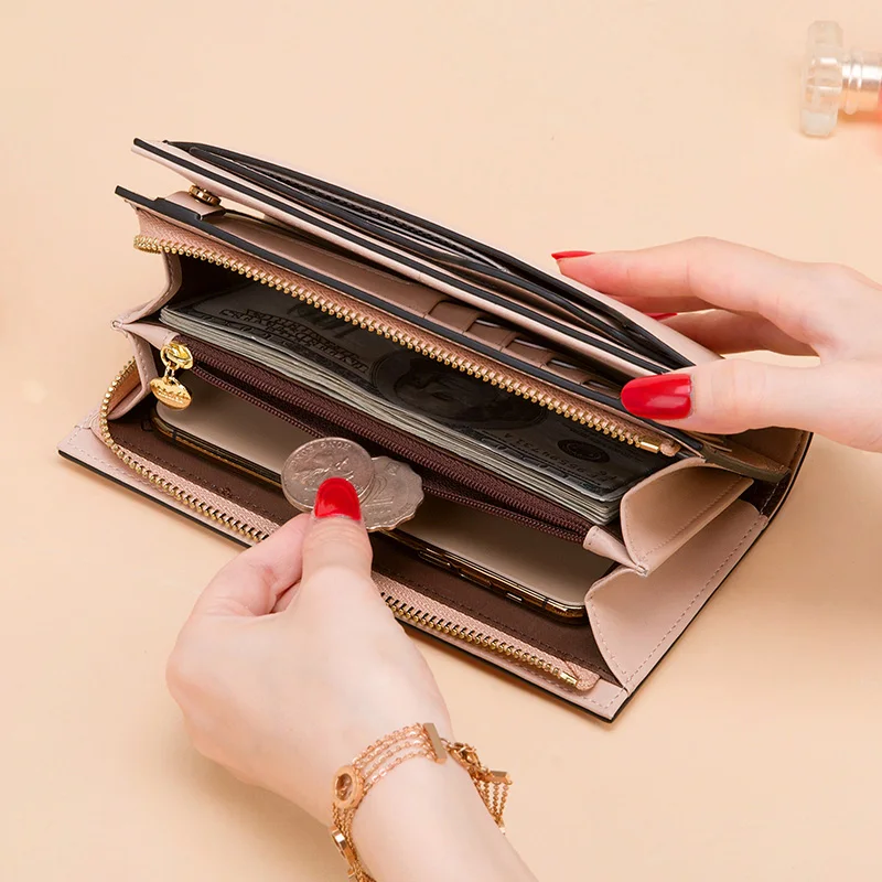 Cnoles Long Envelope Wallet Soft Leather Women Purses Fashion Bandage Coin Purse Card Holder Female Clutch Phone Bag