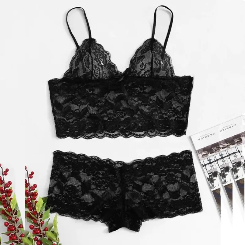 LOPNT Women's Sexy Lingerie Lace Perspective Underwear Printing Hollow Out Breathable Bra Set Sling Top Panties Female Sleepwear