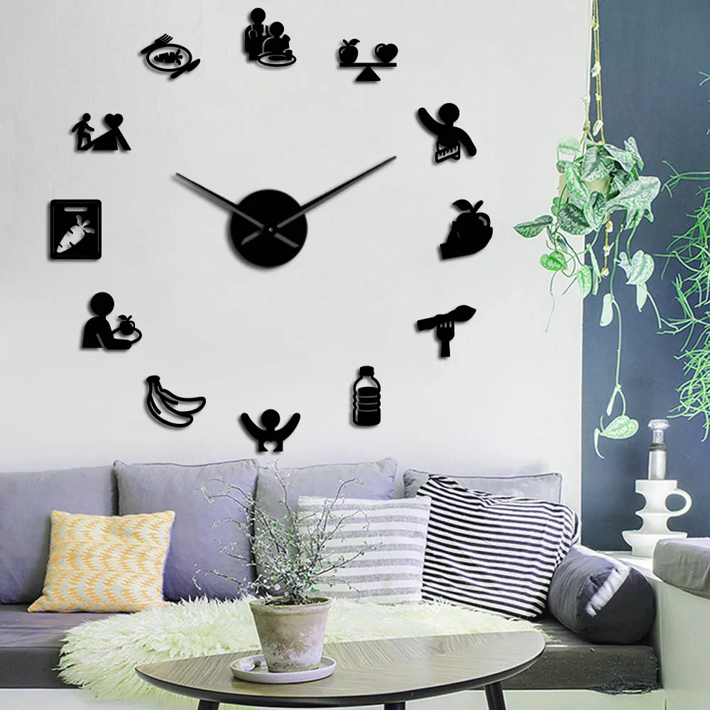 

Nutrition Care Healthy Eating Nutritionist Wall Art Mirror Stickers DIY Large Wall Clock Kitchen Dinning Room Silent Wall Watch