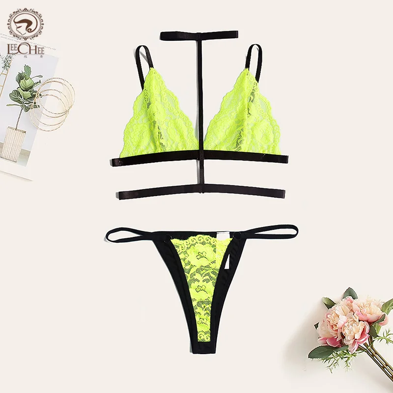 LEECHEE Lingerie Women\'s Sexy Bra Set V Neck Halter 3-Point Underwear Set Fluorescent Green Suit Lace Transparent Sexy Lingerie