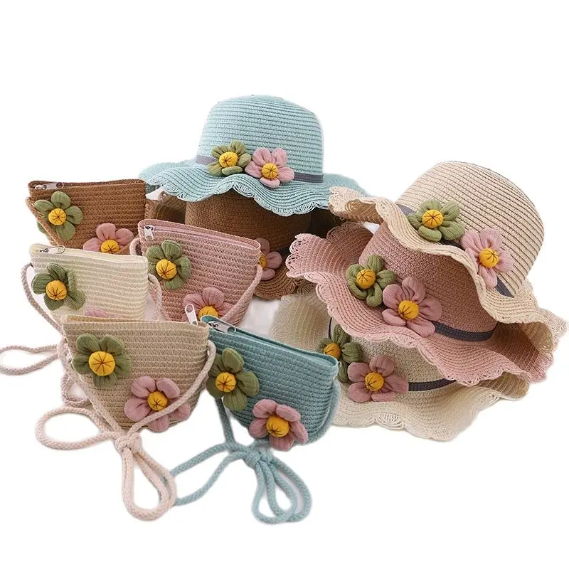 New kids girls casual Flower handbag e cappello di paglia Summer baby child parasole cappelli panama caps for beanch and party