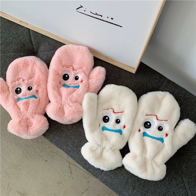 

Female Winter Cute Cartoon Charlie Dog Cashmere Mittens Cartoon Cloud Smiley Embroidery Plus Velvet Thickening Driving Glove H93