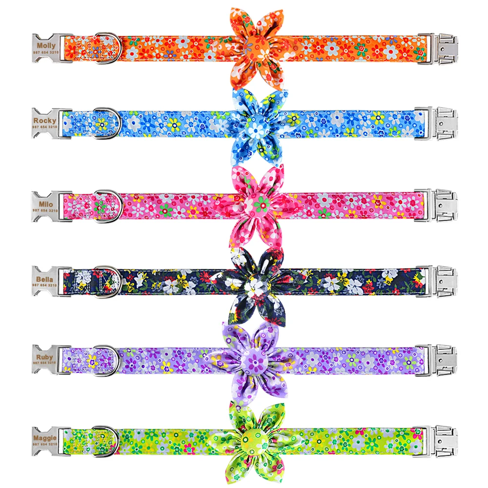 Personalized Flower Dog Collar Nylon Metal Buckle Small Medium Large Puppy Engraved Name Collars Pet Cat Dog Supplies