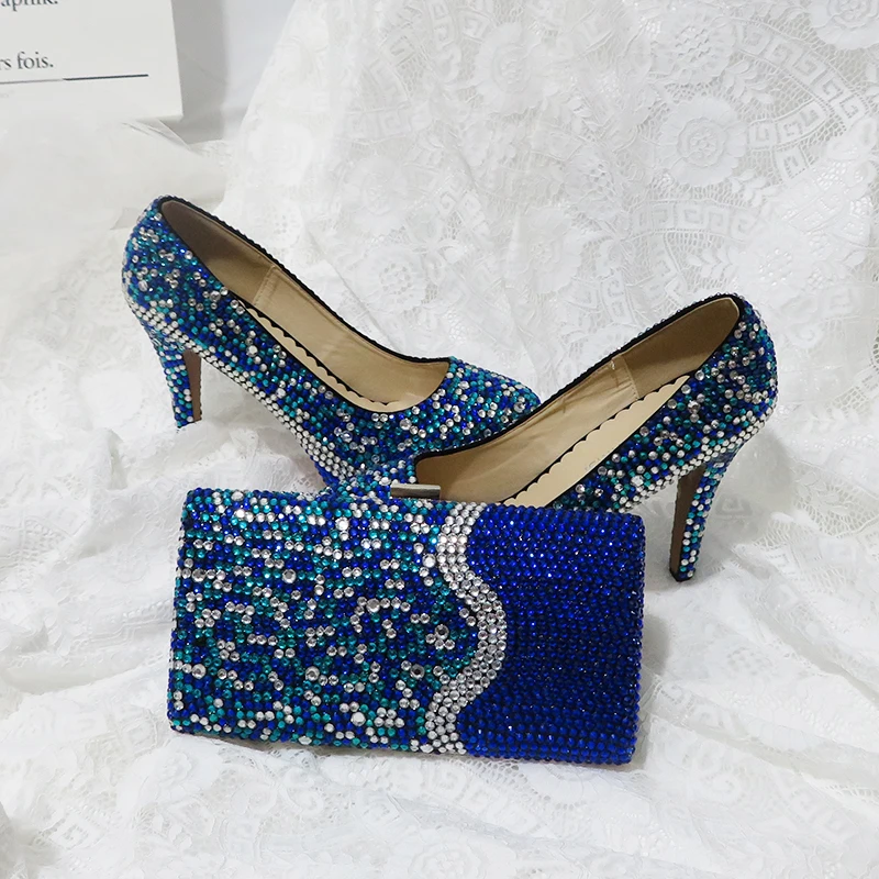 Royal Blue Multicolor Crystal wedding shoes with Macthing bags Ladies Fashion shoes and bag set High platform shoes woman