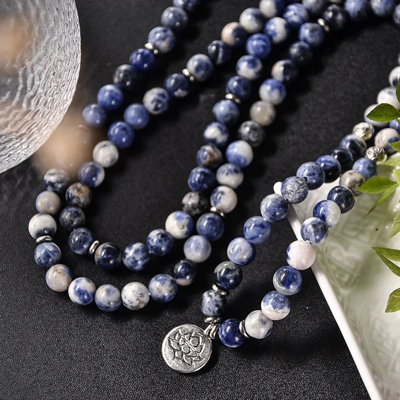 Natural 8mm Flower Sodalite Beaded Elastic Wrap 108 Mala Bracelet Meditation Yoga Healing Jewelry Men and Women Lotus Rosary