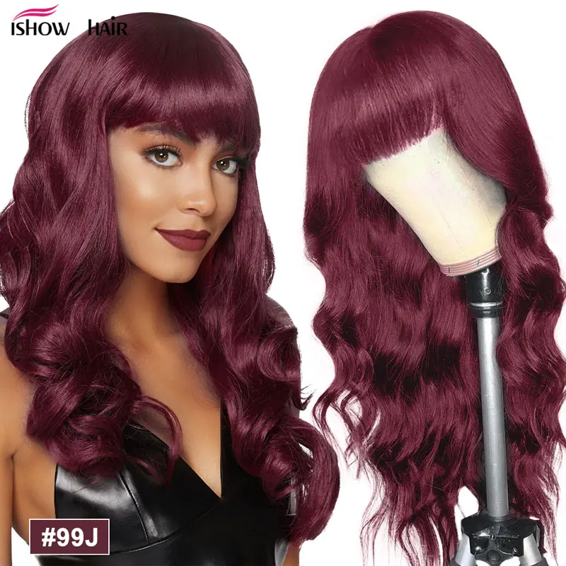 Ishow Body Wave Wig With Bangs 99J Colored Human Hair Wigs With Bangs Machine Made Ginger Human Hair Wigs Brazilian Hair Wigs