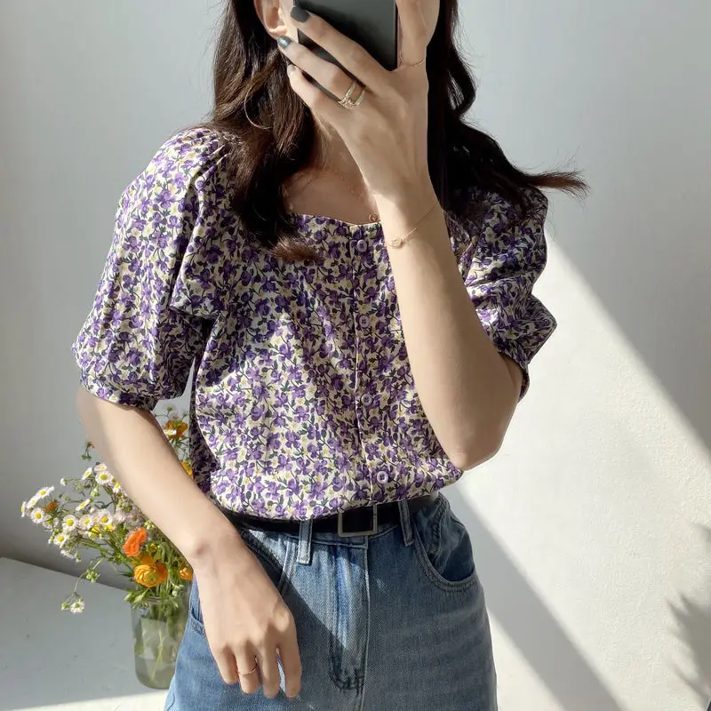 Blouse Women Puff Sleeve Retro Floral Single Breasted Womens Tops and Blouses Preppy Ulzzang Vintage Daily Stylish Femme Blusas