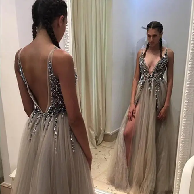 Vestido de noche largo con escote en V profundo, abertura lateral, Espalda descubierta, abertura alta, transparente, novedad de 2019