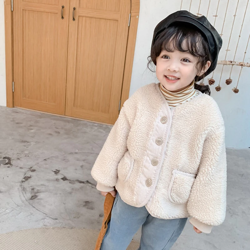 2021 Fall Winter Korean Boys Clothes For Girls Cardigan Japanese Granular Velvet Loose Lamb Velvet Warm Children\'s Jacket Coat