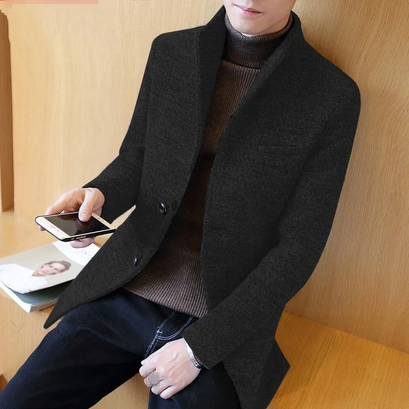 Winter Autumn Men Woolen Thickening Trench Stand Collar Single-Breasted Wool-Blend Jackets Korean Style Fashion Business Coat