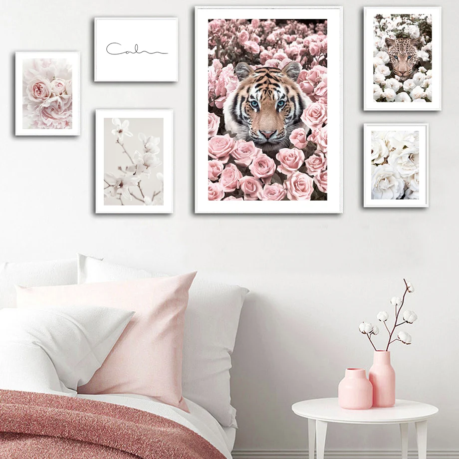 Blooming White Rose Leopard Pink Flower Tiger Wall Art Canvas Painting Nordic Poster And Print Pictures For Living Room Decor