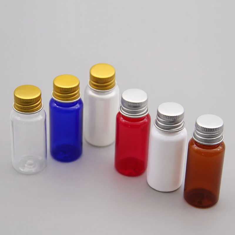 

15ML 100pcs aluminum cap bottle, blue/white/brown small-capacity water medicine bottling, plastic bottles with internal plug