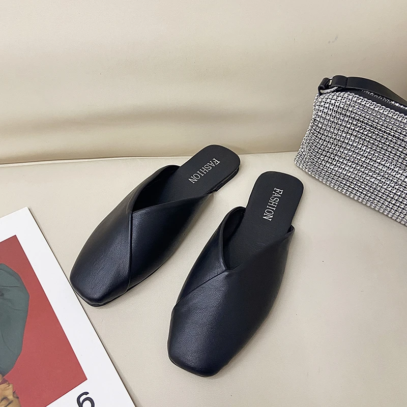 Women Mules 2022 Summer Elegant Square Closed Toe Flat Slippers Female Shoes Casual Leather Black White Slides Plus Size 35-43