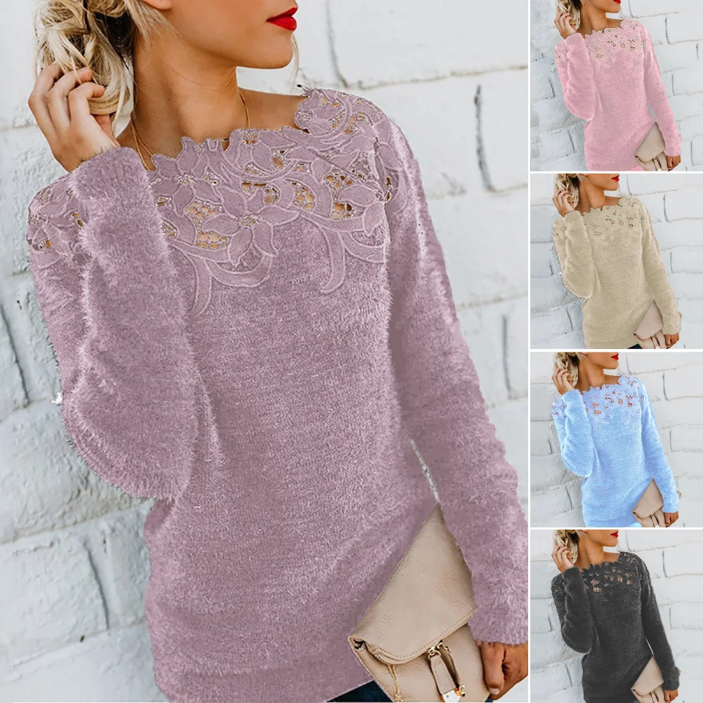 Oversized Sweater Dress Women Solid Color Autumn Long Sleeve O Neck Floral Lace Pullover Knit Crochet Sweater Top