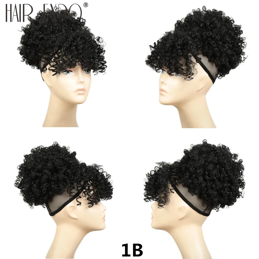 High Puff Afro Kinky Curly Synthetic Ponytail With Bangs Short Chignon Hair Extension Drawstring Clip Hair For Black/White Women