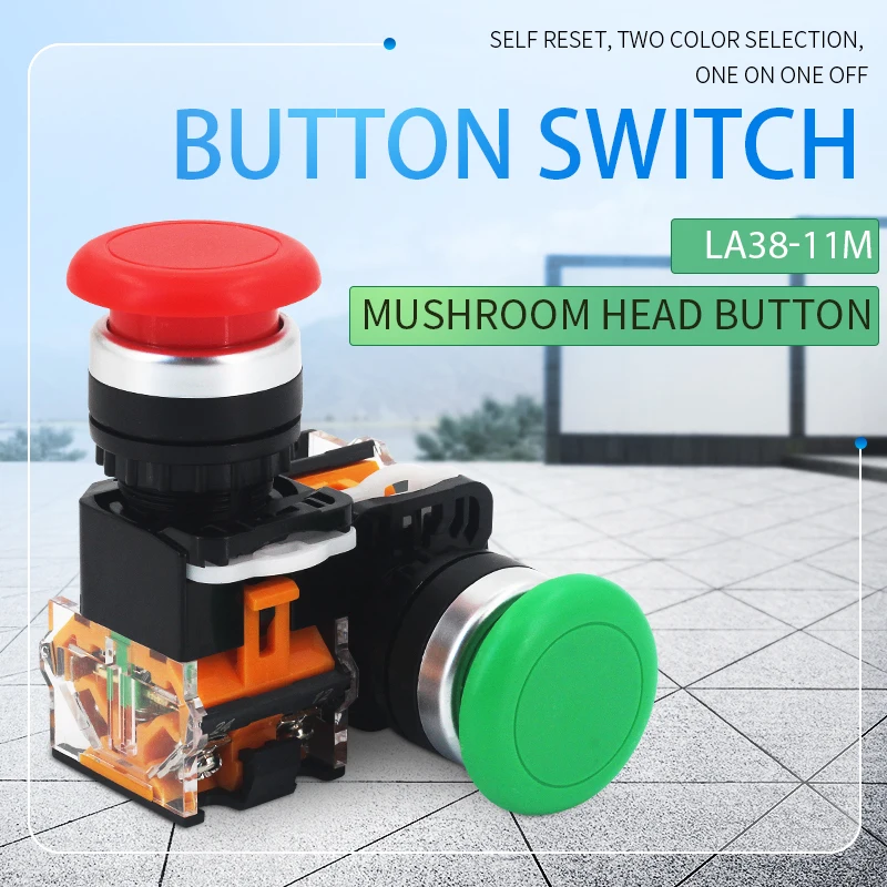 Momentary  Mushroom Cap Push Button Switch Self Reset No Lock Round 1NO1NC button Silver contact 22mm LA38-11M 1PCS