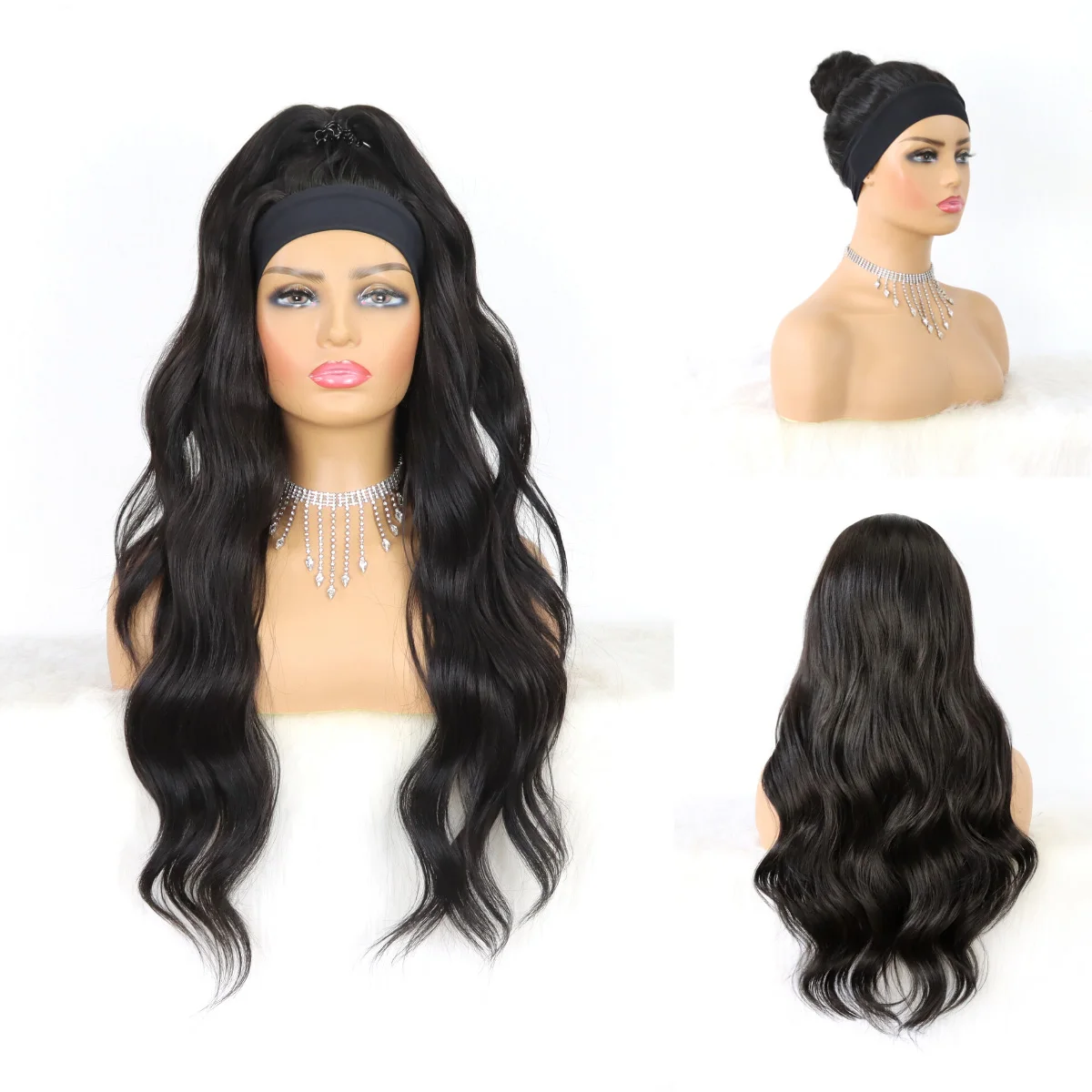 Long Wavy Headband Wig for Black Women None Replacement Body Wave Synthetic Headwraps Hair Wig  Soft Headband Velcro Design