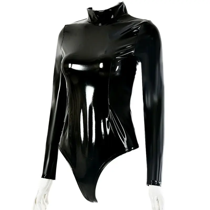 Gothic Wet Look Turtleneck Long Sleeve Bodysuit Shirt Shiny PVC Catsuit Body Suit Tops Sexy Bodystocking Clubwear One Piece Top