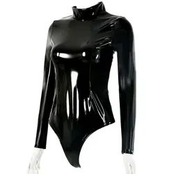 Gothic Wet Look dolcevita manica lunga Body Shirt PVC lucido Catsuit Body Top Sexy Bodystocking Clubwear One Piece Top