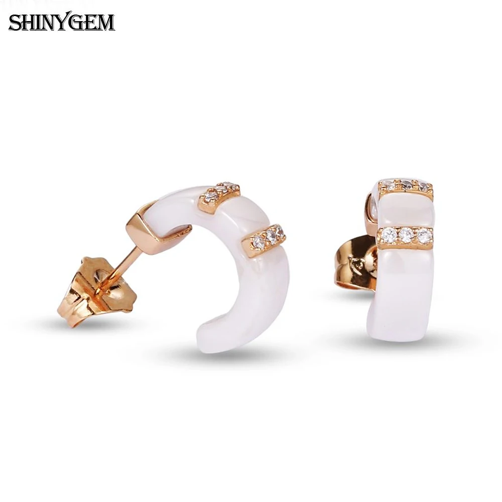 Fashion Korean Zircon Micro Pave Gold Plated White Pottery Jewelry Ceramics Stud Earring Piercing For Women Girl Party Gift