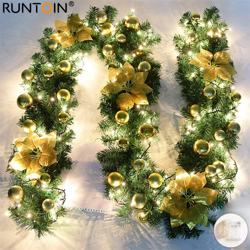 

2021 Christmas Decoration 2.7m LED Rattan Garland Wreath Light Door Hanging Ornaments Artificial Xmas Tree Fireplace Decor