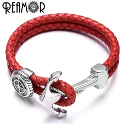 REAMOR Genuine Leather Men & Women Bracelets Bangles Stainless steel Compass Shield Bead Anchor Connector Charm Bracelet Jewelry