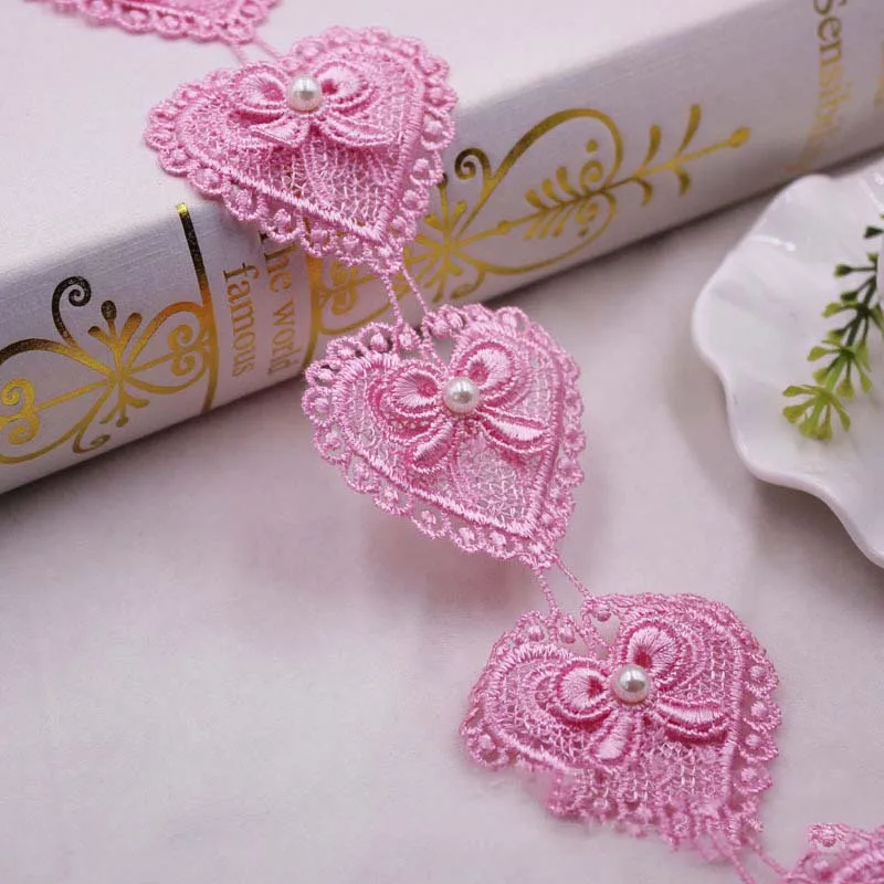 

20 ярдов бантов в форме сердца, роскошная кружевная отделка по краям, 5 см, розовое, белое свадебное платье, лента, вышитая аппликация, нашивка, швейное ремесло