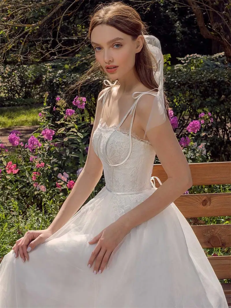 Magic Awn-vestidos de novia elegantes de tul con encaje, ropa de novia Bohemia con tirantes finos, apliques de corte en A, con cordones en la espalda