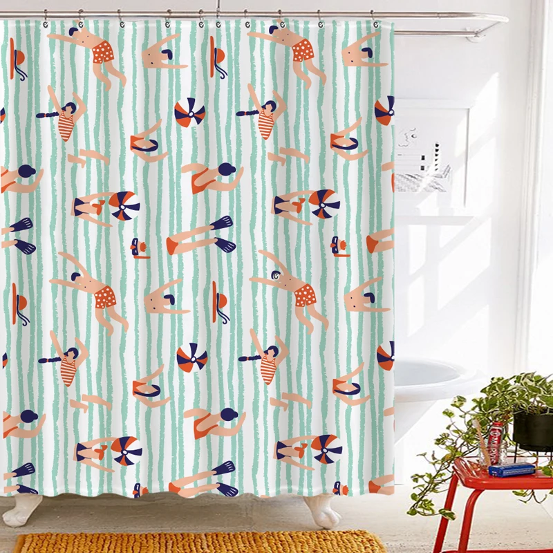 Swimming Theme Shower Curtain Cartoon Printing Partition Hanging Water Resistance Fabric for Bath Home Bathroom Decor