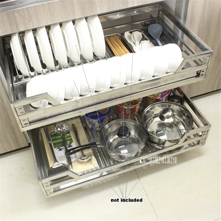 

FGLL-001 Double-Deck Pull-Out Basket 201/304 Stainless Steel Dish Drawer Kitchen Cabinet Basket Hydraulic Damping Square Tube