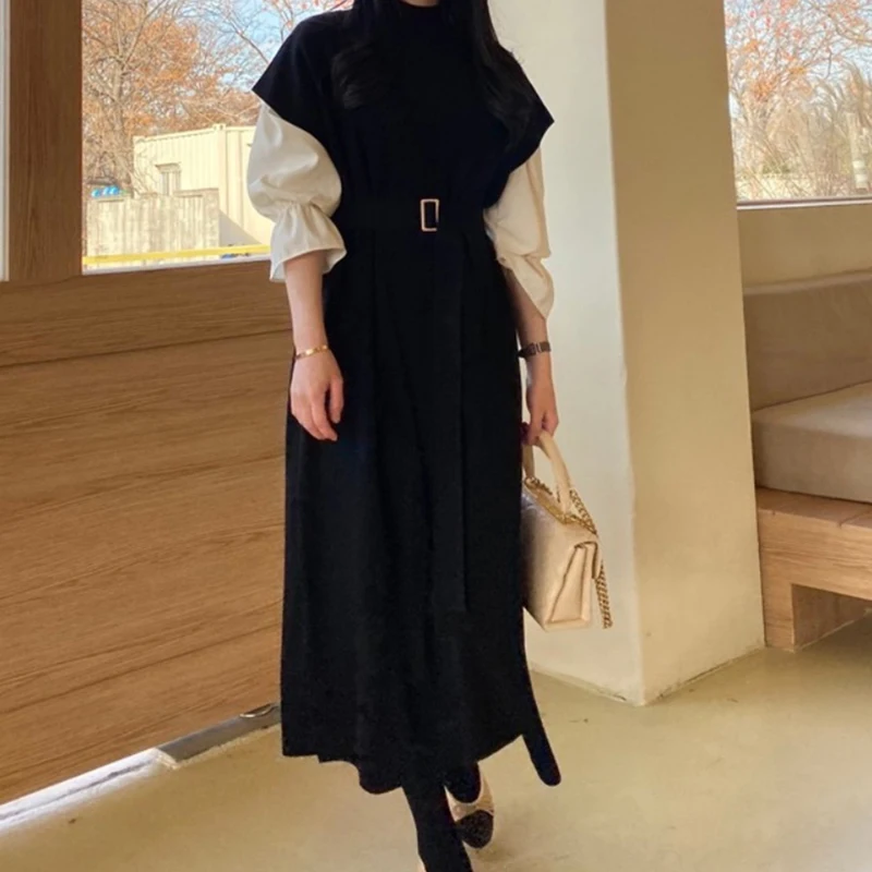 

French style vintage flare sleeve shirt+half tutrleneck kintted long vest dress two piece sets