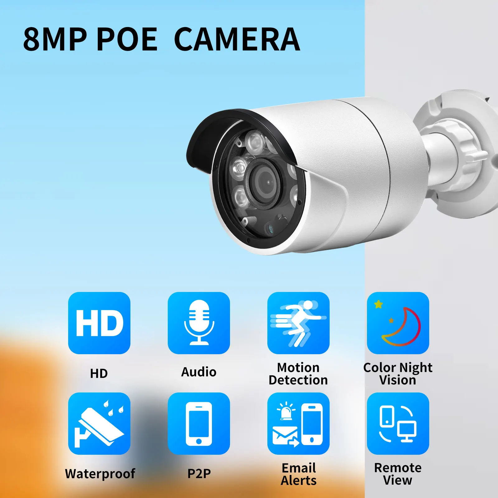 H.265 Ultra HD 4K IP Camera Color Night Vision Audio Metal Bullet Outdoor IP66 Humanoid Detect 8MP POE Security CCTV Cam 4MP