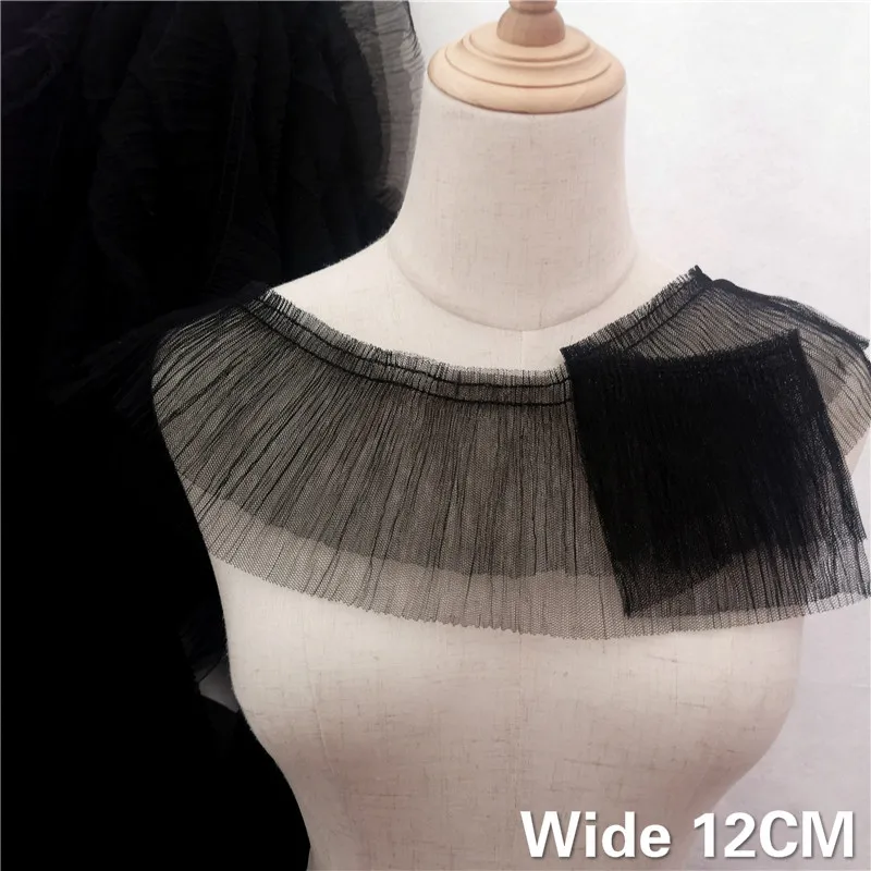 12CM Wide Double Layers Black 3d Pleated Mesh Lace Skirt Dress Collar Neckline Trim Embroidered Fringe Ribbon Sewing Supplies