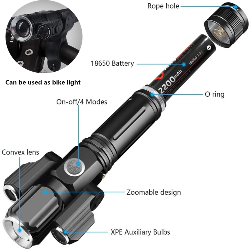 Tactical Flashlight 13000 Lumens 360' Adjustable USB Rechargeable Torch 18650 Hand Lamp Zoomable Bicycle Light Best For Camping