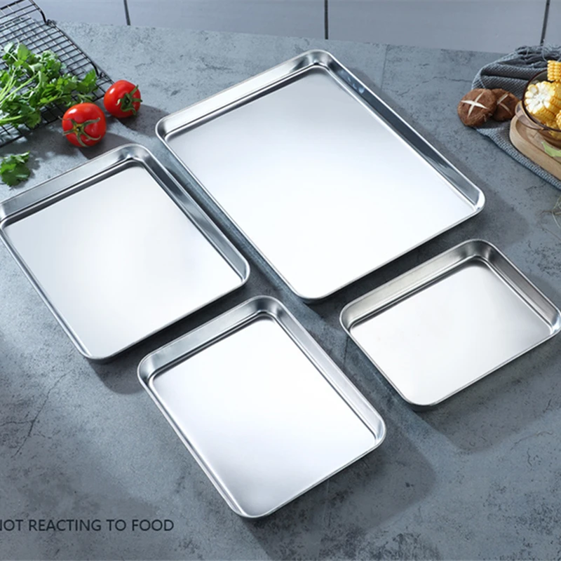 Rectangular Thicken Steaming Plates Stainless Steel Cake Bread Pan Food Vegetables Storage Drain Tray Kitchen Baking Accessories