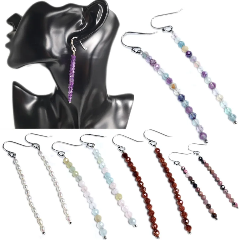 New Long Crystal Tassel Natural stone 4mm multi-faceted beads Dangle Earrings for Women Wedding Drop Earing Fashion Jewelry Gift