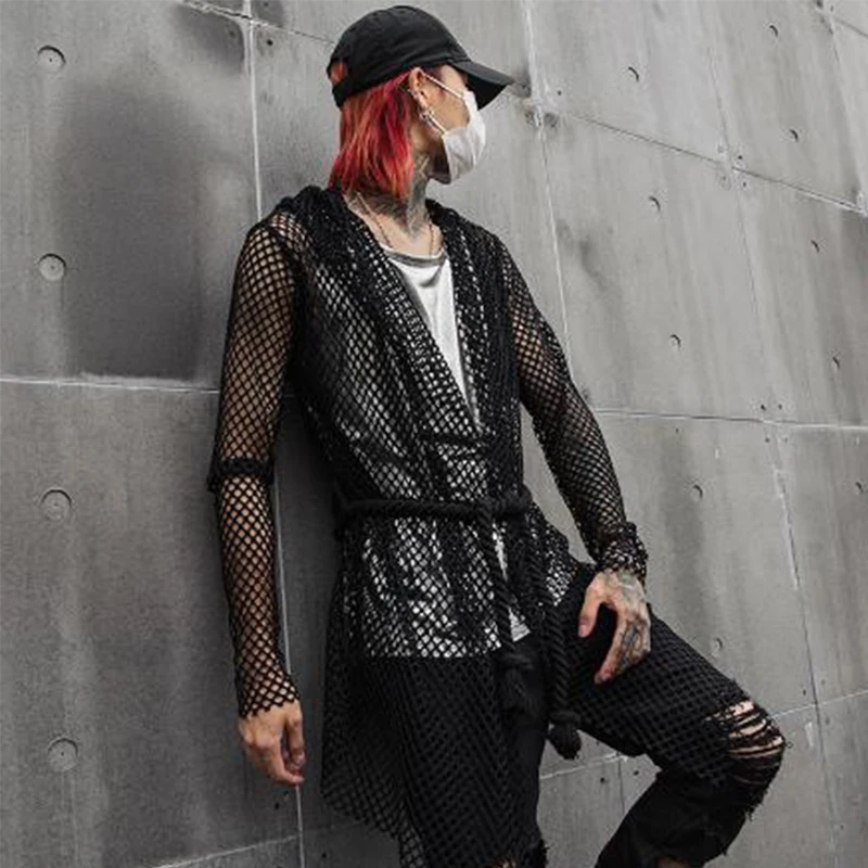 Nightclub DJ singer sexy mesh hip hop punk rock t shirt long tops with waist rope mens harajuku gothic hooded tee shirts cloak