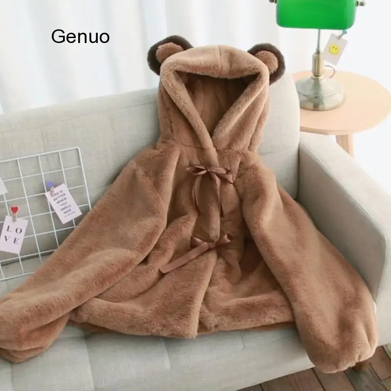 Women Cute Style Cashmere Coat Girl Teddy Bear Hooded Velvet Jacket for Women Warm Female Winter Warm Kawaii Coat Femme