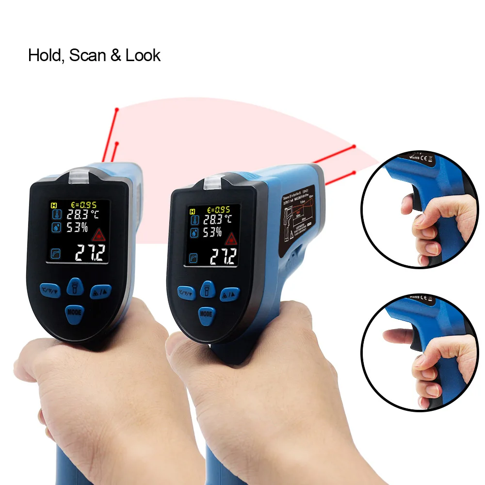 Digital infrared Thermometer Hygrometer Laser Temperature Humidity Meter Gun LCD Pyrometer 550C 0.1-1.0 Adjustable