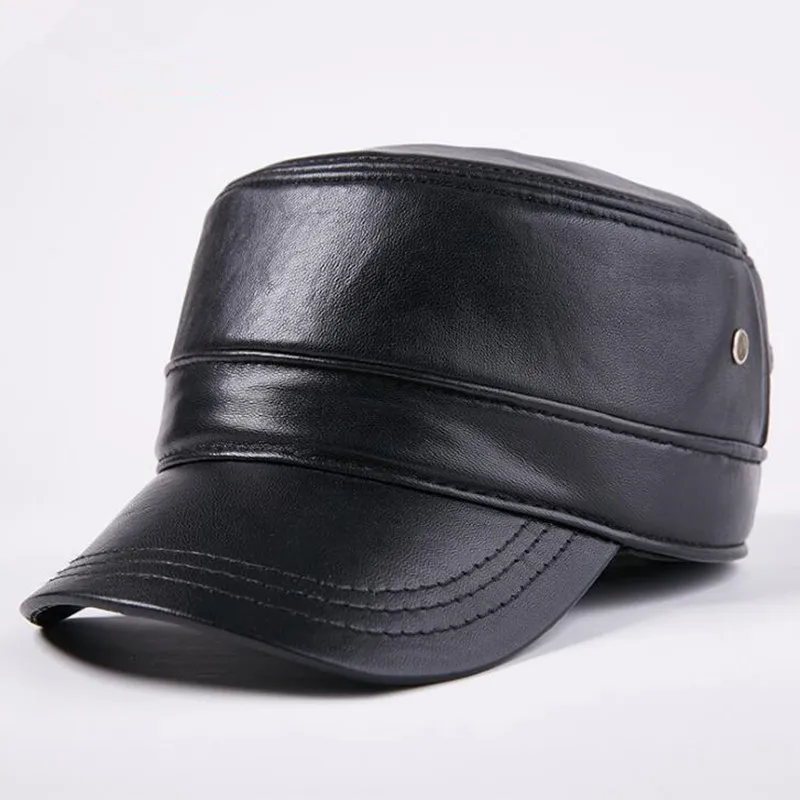 2024 Autumn Winter Men\'s Flat Cap Genuine Leather Hats Warm Military Hats Snapback Cap Adjustable Size Leather Cap Black Cap