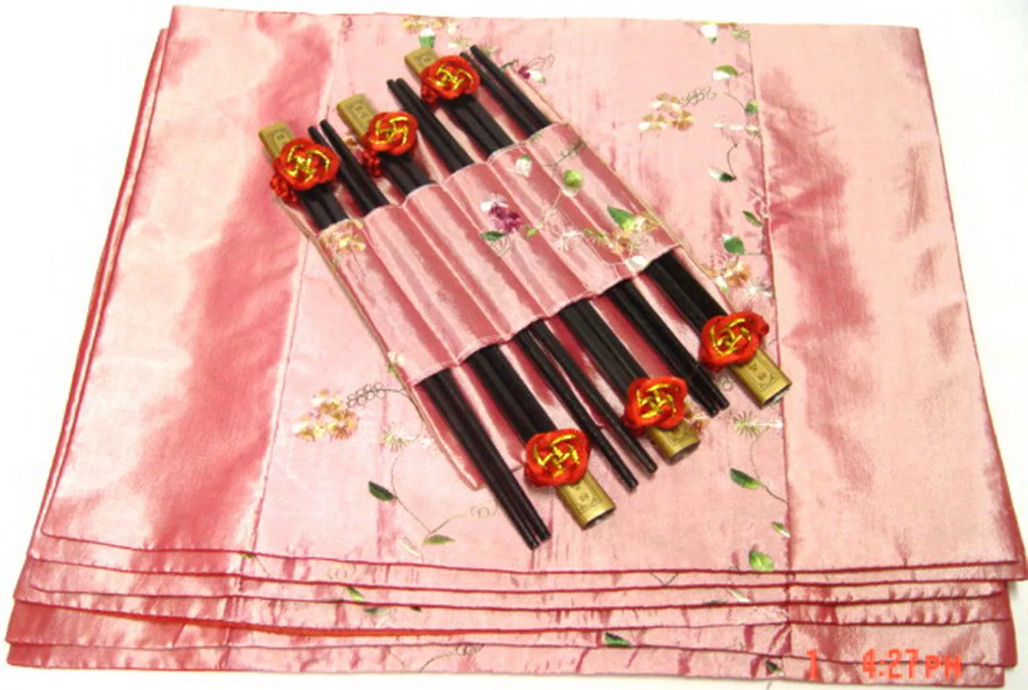 Asian 6 Floral Patterns Handmade Dinner Sets Pink Silk Placemats & Chopsticks