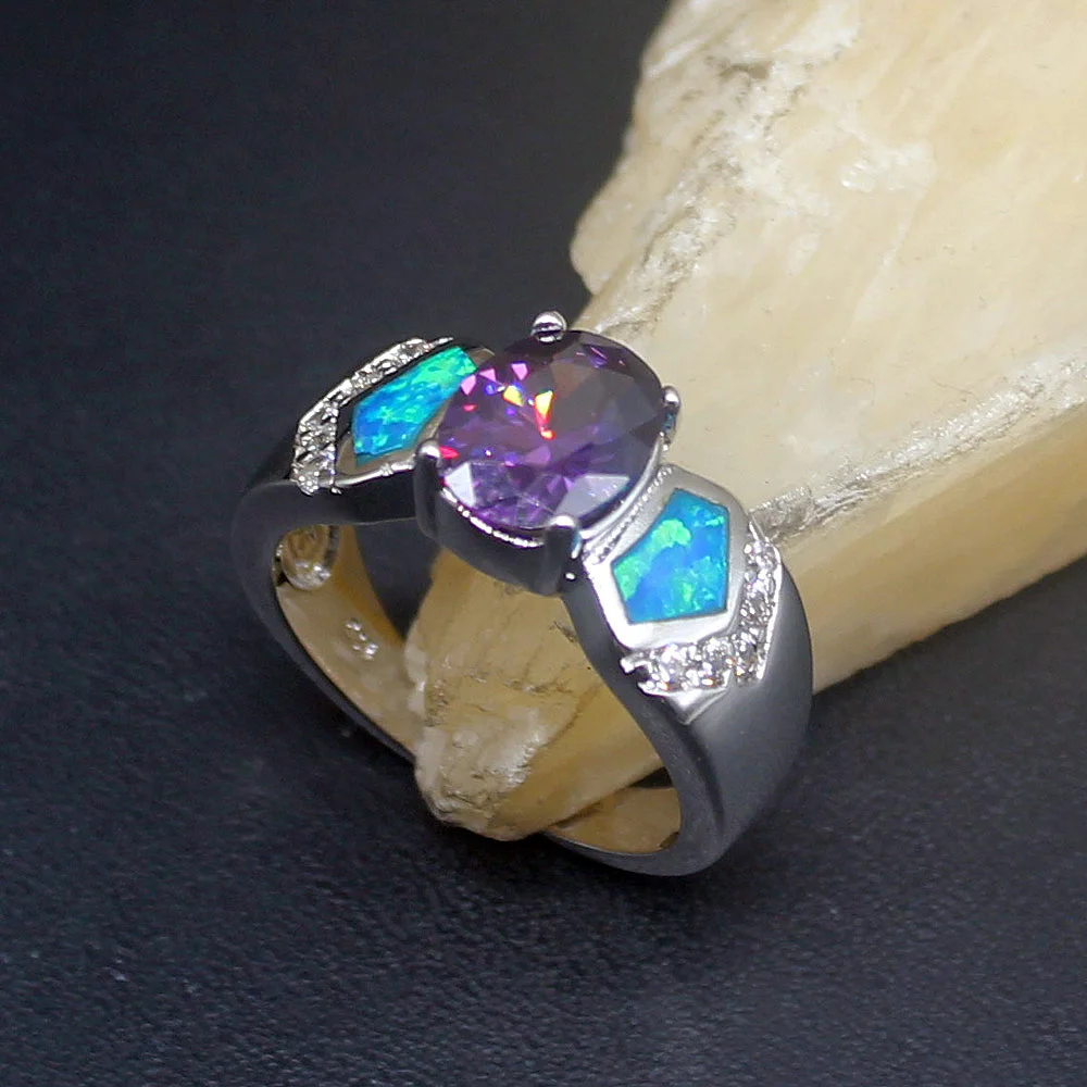 

Hermosa Gemstone Blue Opal Purple Amethyst Genuine 925 Silver Band Ring Wedding Engagement Gifts for Women Size 7# 20214263