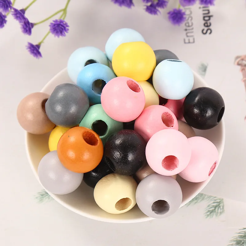 DIY New Product 15 20mm Colorful Big Hole Round Wooden Beads Custom Fashion Crafts Kid\'s Jewelry Baby Toys Accessories Wholesale