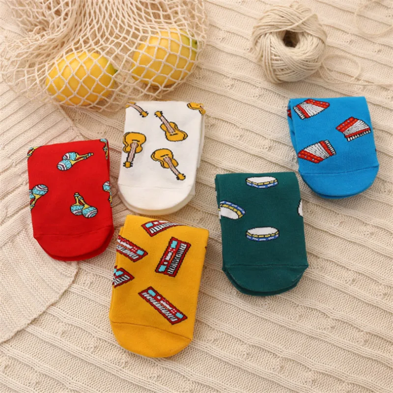 New Ladies Socks Spring And Summer Personality Musical Instrument Guitar Drum Invisible Non-Slip Boat Socks  College Style Socks