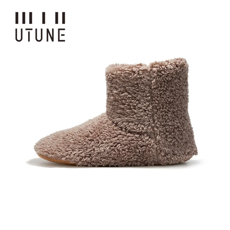 

UTUNE Winter Men's Boots High-top Mute House Shoes For Women Anti-slip Fluffy Indoor Slippers Suede Sole Silent For Wooden Floor