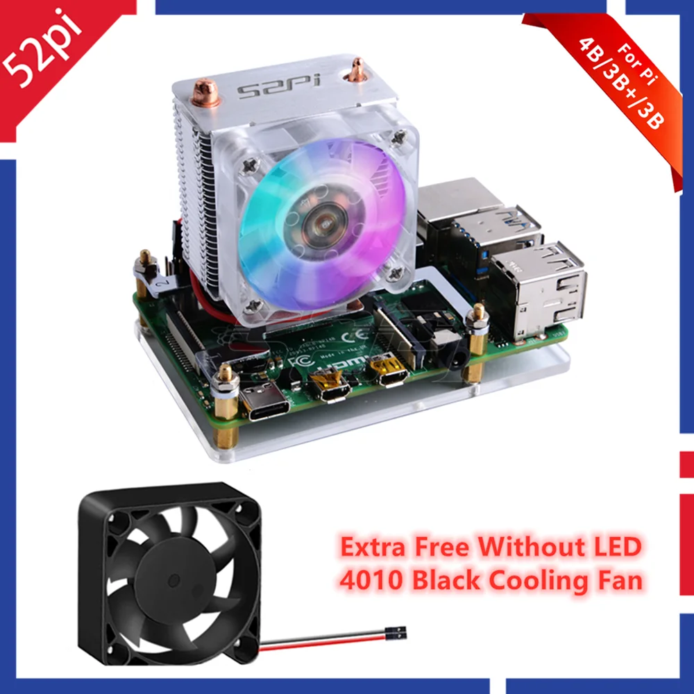 52Pi Raspberry Pi 4 Model B ICE Tower RGB Cooling Fan Copper Tube Cooler With 5-Layer Case for Raspberry Pi 4 B / 3B+