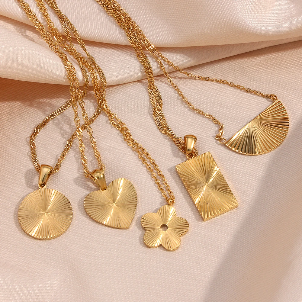 E.B.belle Stainless Steel Enraving Radiating Line Heart Flower Semicircle Irregular Shape Necklace Earring Jewelry Set For Girl