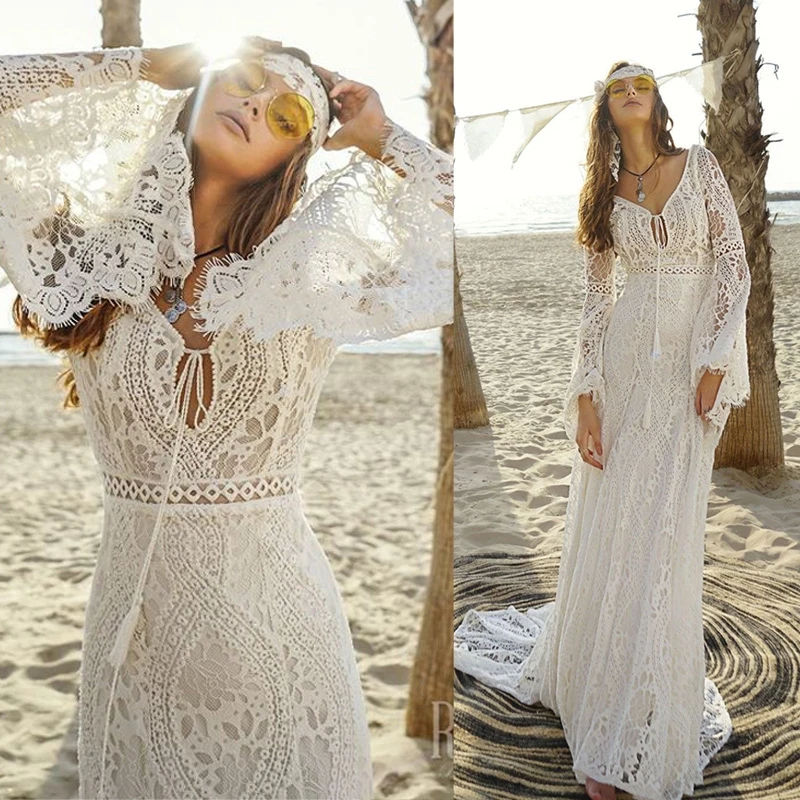 2021 novo design longo lanterna manga império com decote em v sem costas pequeno trem beleza sem costas rendas boho praia vestidos de casamento feminino