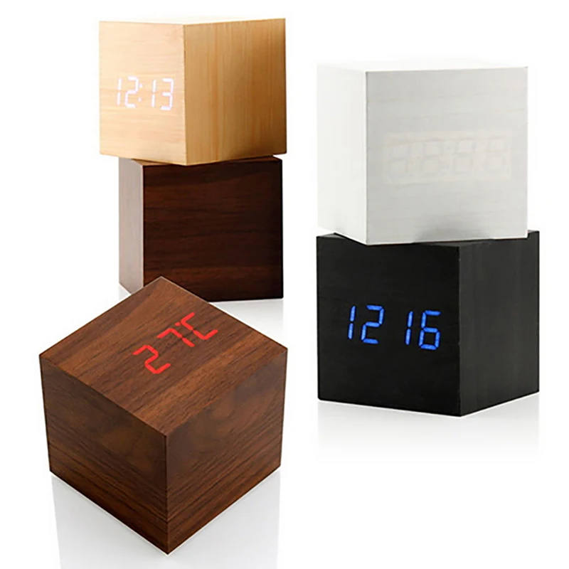 Home Decoration Mini Wood Sounds Control Clock New Modern Wood Digital LED Desk Alarm Clock Bedside Table Clock Calendar Table D