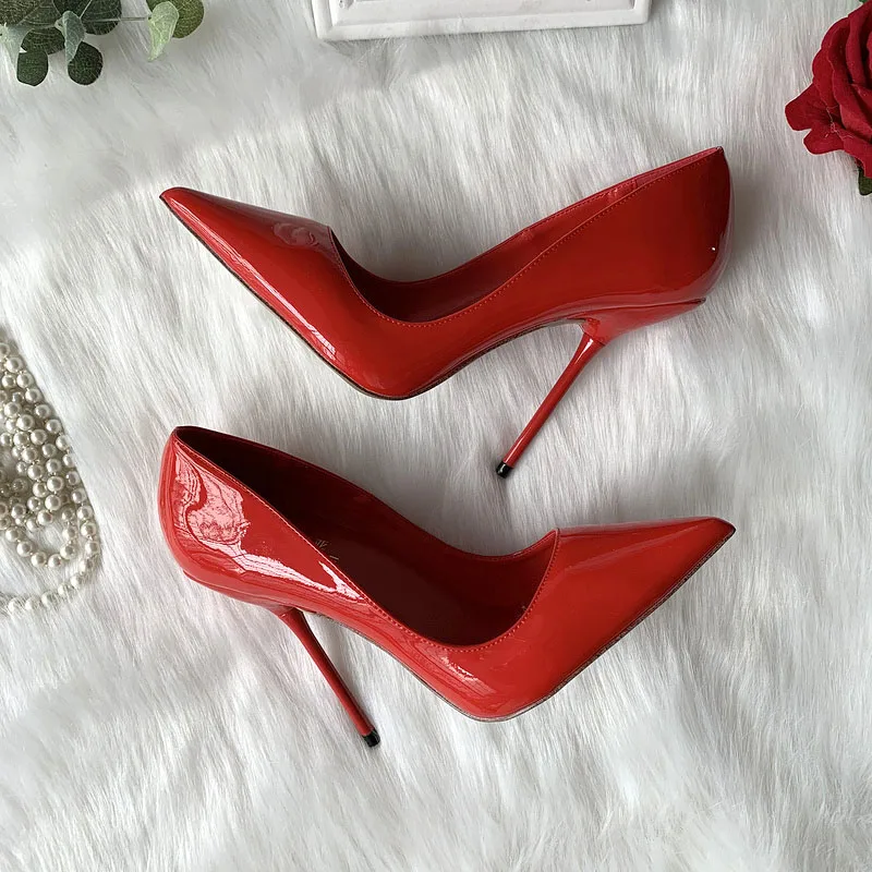 TOMONYE red patent pointed strange special thin heel women lady girl night club sexy heel shoes pump big small size 45,46